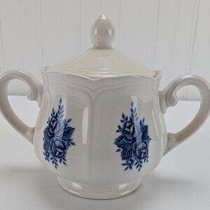 Vintage Mayhill Federalist Ironstone Sugar Bowl with Lid Blue Roses Handled